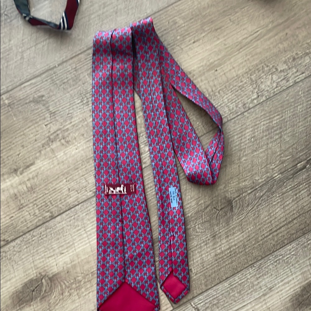 Hermes Red and Blue Silk Tie with Geometric Design